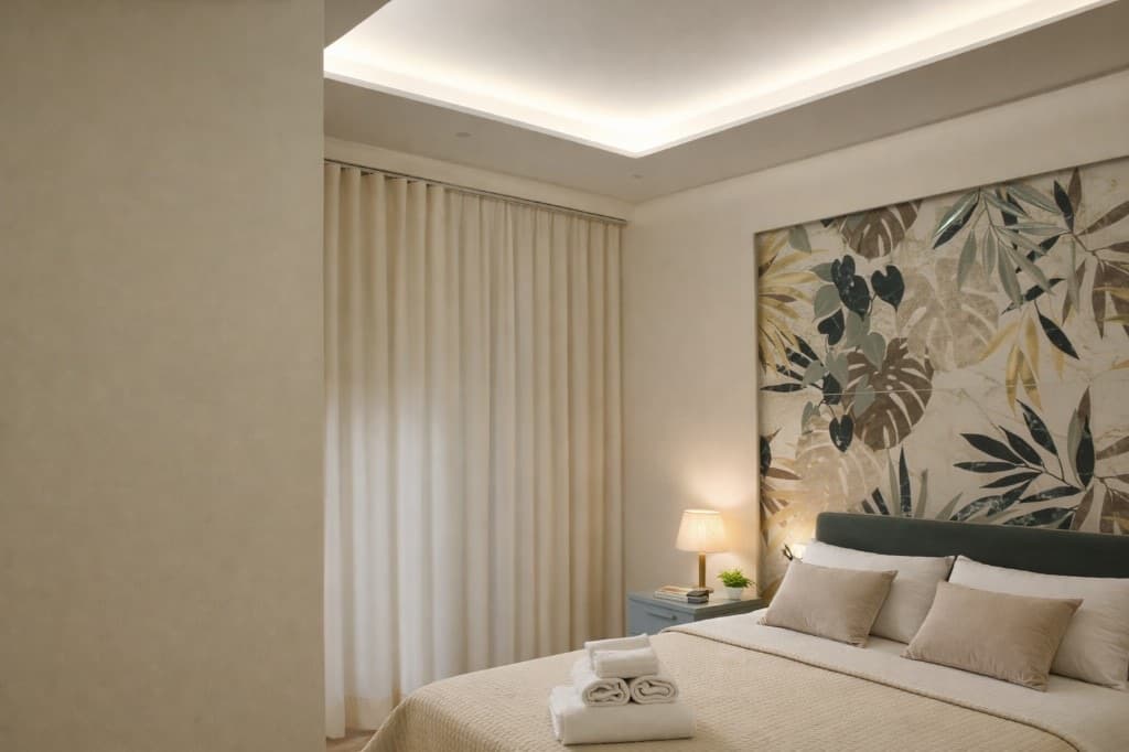 Camera Botanica dettaglio letto e parete fogliame tropicale - B&B Armenes