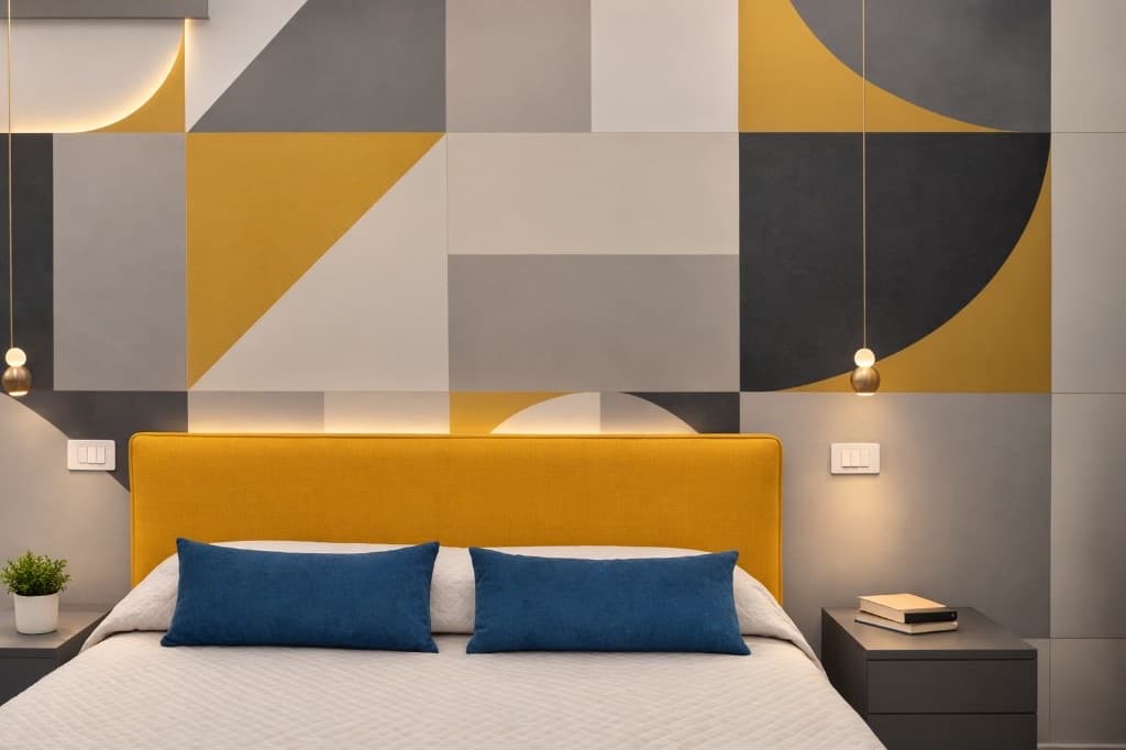 Camera Art Déco con parete geometrica gialla e TV - B&B Armenes Capo Rizzuto